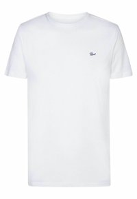 T-shirt bianca in cotone con scollo rotondo. Presenta un piccolo logo blu sul petto. Maniche corte e design classico.