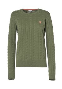 Maglione verde a treccia, con maniche lunghe e scollo rotondo, caratterizzato da un piccolo logo ricamato sul petto.