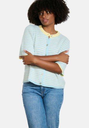 Light blue, striped cardigan with short sleeves and yellow accents. Features buttons down the front and a relaxed fit. Textured knit material.