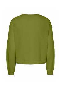 Pull en maille vert olive à manches longues avec un col rond et un ourlet légèrement raccourci, vu de dos.