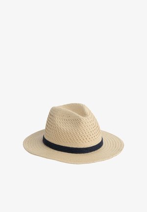 Beige woven straw fedora hat with a black band around the base, featuring a wide brim and indented crown.