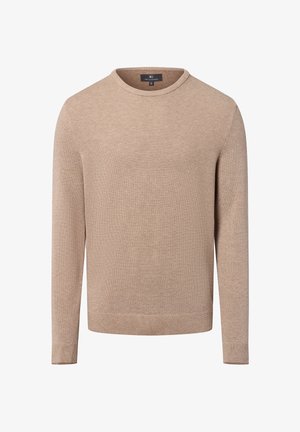 Beiger Strickpullover mit runder Halslinie und langen Ärmeln. Strukturiertes Muster über die gesamte Oberfläche, gerippte Bündchen und Saum, aus einem weichen Material gefertigt.
