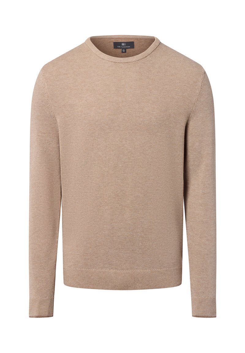 Beige gebreid trui met een ronde halslijn en lange mouwen. Gevoegd patroon over de hele trui, geribde manchetten en zoom, gemaakt van een zachte stof.