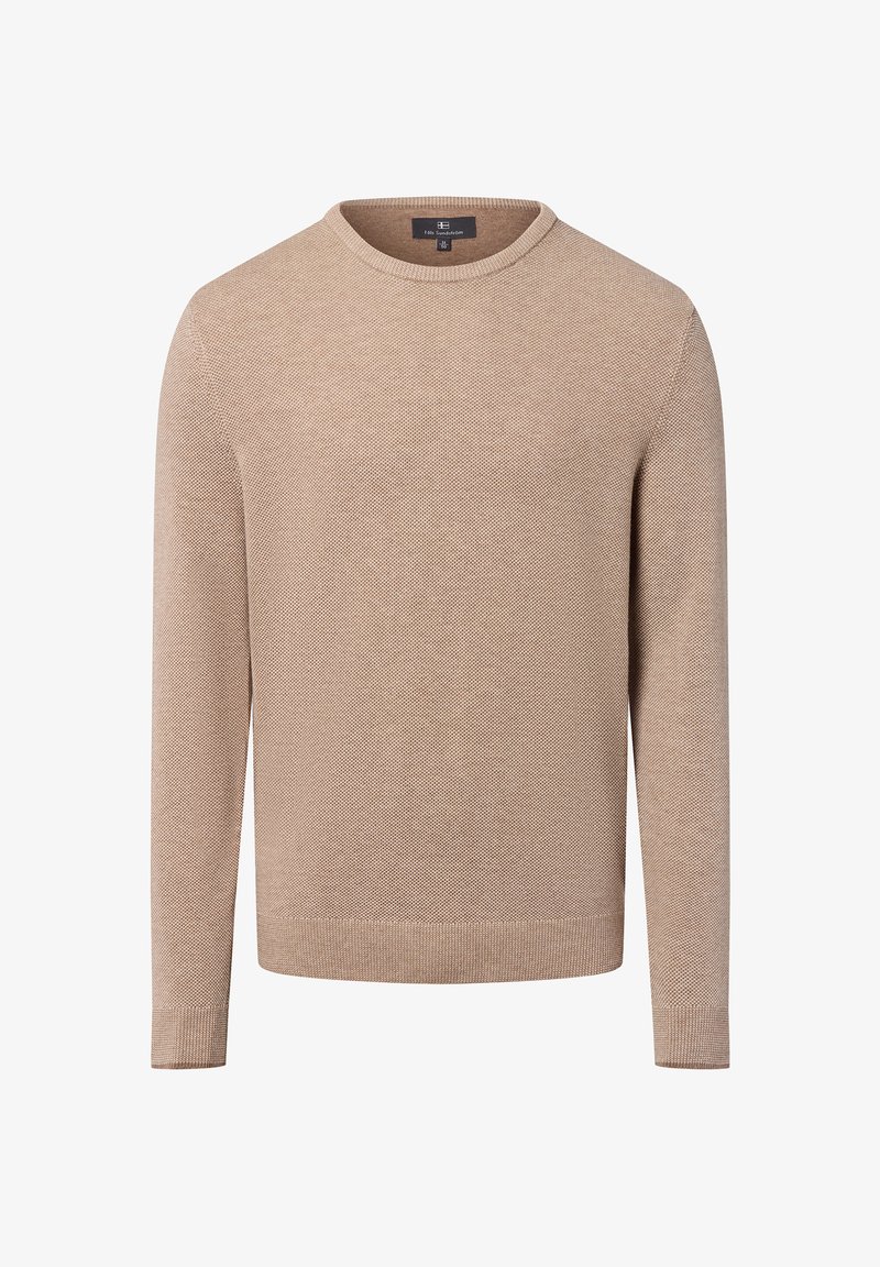 Beige gebreid trui met een ronde halslijn en lange mouwen. Gevoegd patroon over de hele trui, geribde manchetten en zoom, gemaakt van een zachte stof.