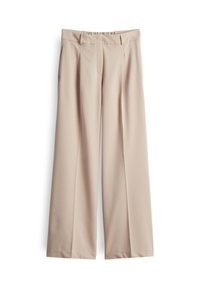 Pantalon beige à jambes larges avec passants de ceinture, pli frontal et poches latérales, présenté sur un fond blanc.