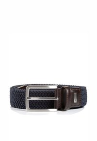 Navy woven belt made of elastic material with a silver metal buckle and brown leather accents. Features a textured design and adjustable length.