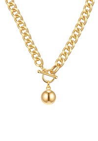 Zelta ķēdes kaklarota ar biezām saitēm, ar slēdzamu aizdari un gludu, apaļu piekari vidū. Elegants un pulēts apdare.