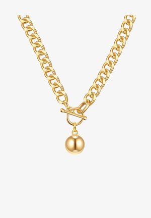Collana in oro con maglie spesse, chiusura a toggle e un pendente rotondo e liscio al centro. Finitura elegante e lucida.