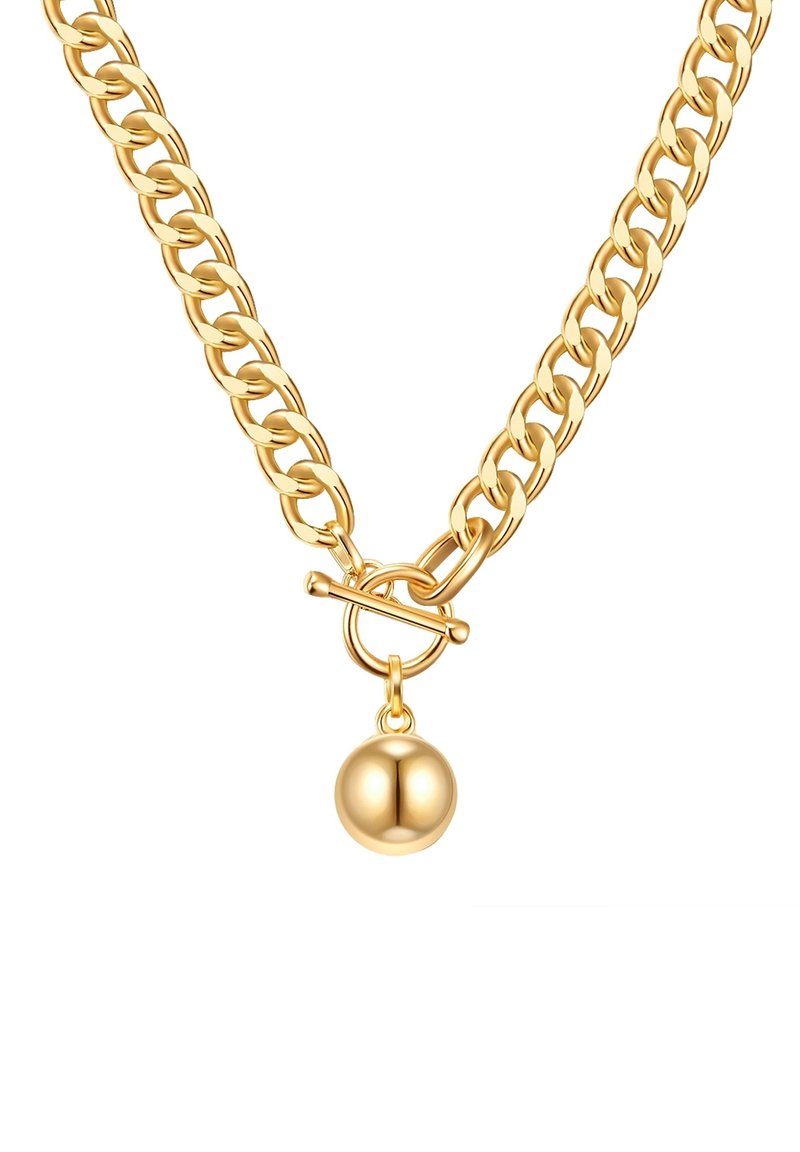 Zelta ķēdes kaklarota ar biezām saitēm, ar slēdzamu aizdari un gludu, apaļu piekari vidū. Elegants un pulēts apdare.