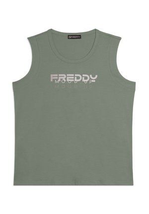 Camiseta sin mangas verde con cuello redondo y texto "FREDDY MOOD UP" impreso en blanco en el pecho.