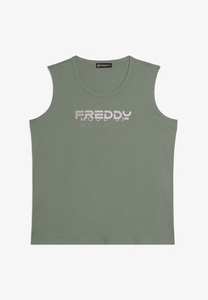 Débardeur vert sans manches avec col rond et texte "FREDDY MOOD UP" imprimé en blanc sur la poitrine.