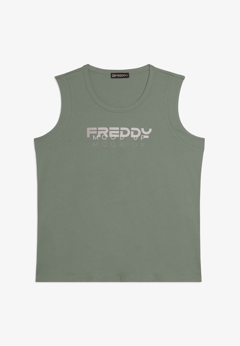Canotta verde senza maniche con scollo rotondo e testo "FREDDY MOOD UP" stampato in bianco sul petto.