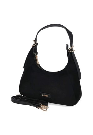 Schwarze Schultertasche mit goldenem Reißverschluss, verstellbarem Trageriemen und kleinem Markenetikett vorne vor weißem Hintergrund.
