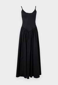 Rochie maxi neagră cu bretele subțiri, bust ajustat și fustă plisată. Confecționată dintr-un material ușor, cu o textură fină și un luciu subtil.