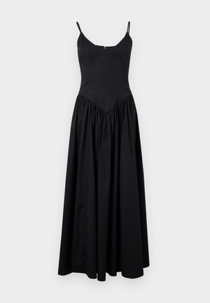 Vestido maxi preto com alças finas, corpete ajustado e saia franzida. Feito de tecido leve com uma textura suave e um brilho subtil.