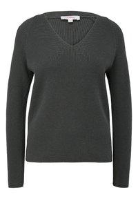 Dunkelgrauer, langärmeliger Strickpullover mit V-Ausschnitt und gerippter Textur, Größe 36 von der Marke s.Oliver.