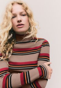 Brūns augstā apkakle ar horizontālām svītrām sarkanā, melnā un oranžā krāsā. Ribu tekstūra un piegulošas piedurknes.