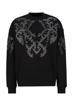 Schwarzes Sweatshirt mit langen Ärmeln und grauen symmetrischen barocken Schnörkelmustern auf Brust und Ärmeln, mit einem kleinen geprägten Logo in der Mitte.