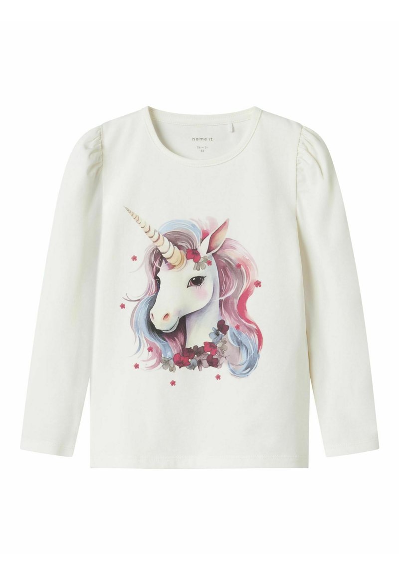 Weißes Langarmshirt mit einem Einhorn-Motiv, das eine pastellfarbene pinke und blaue Mähne zeigt, umgeben von floralen Akzenten. Aus weichem Baumwollmaterial.
