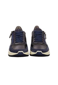 Navy and black sneakers with a smooth leather upper, textured suede accents, blue laces, and a side zipper detail. Rubber outsole for grip.