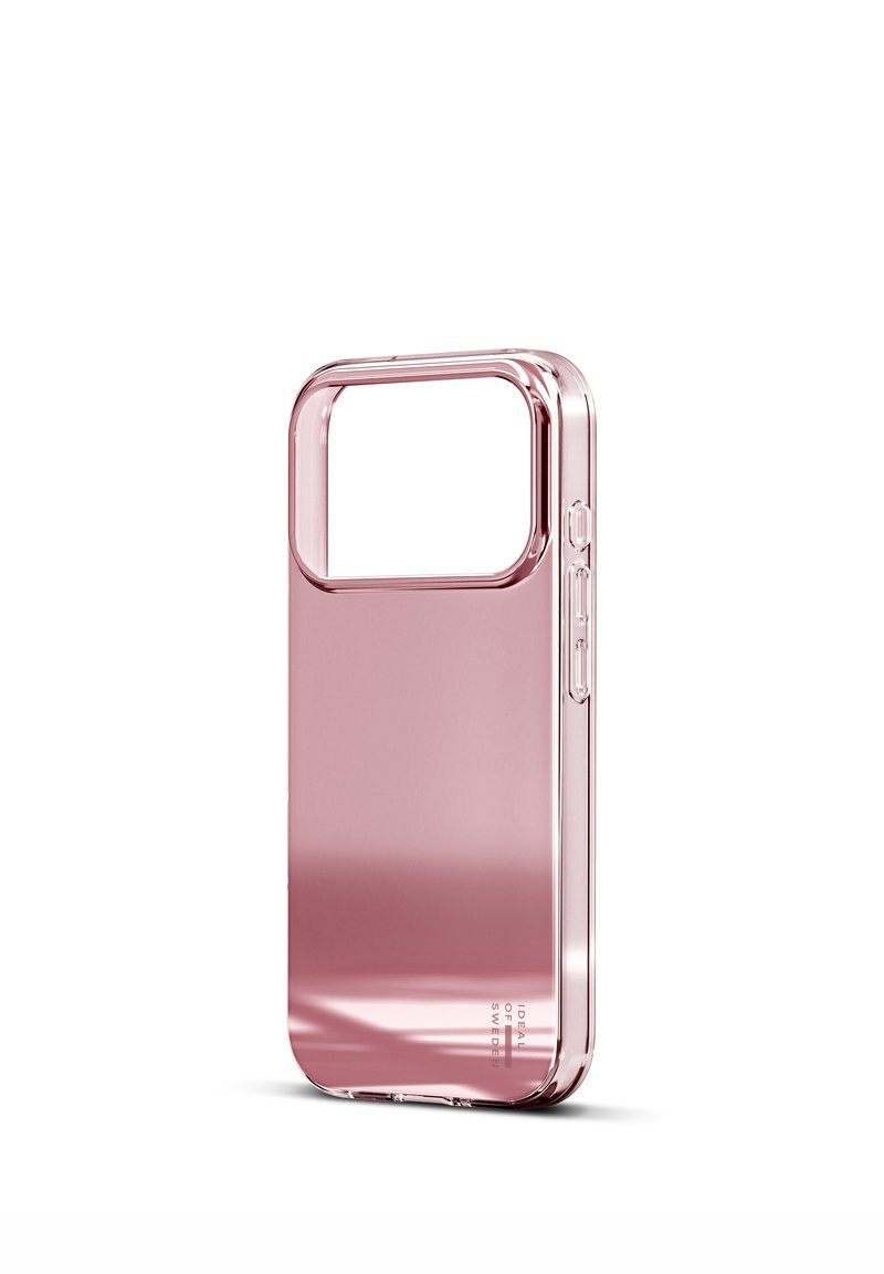 Gjennomsiktig rosa telefondeksel med et rektangulært utsnitt for kameraets synlighet. Har glatt tekstur og sideknapper for tilgjengelighet.