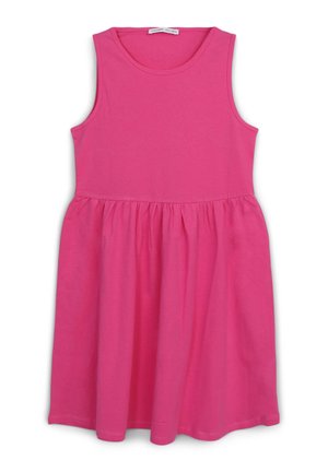 Abito senza maniche rosa in cotone, con scollo rotondo e vita arricciata, dotato di una gonna ampia e una superficie liscia.