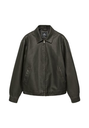 Black faux leather jacket with front zipper, two side pockets, long sleeves, and a classic collar, displayed flat on white background.