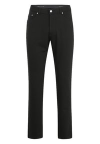 Czarne spodnie wykonane z gładkiego materiału, z prostym krojem nogawek, pięcioma kieszeniami oraz metalowymi guzikami i detalami nitów.