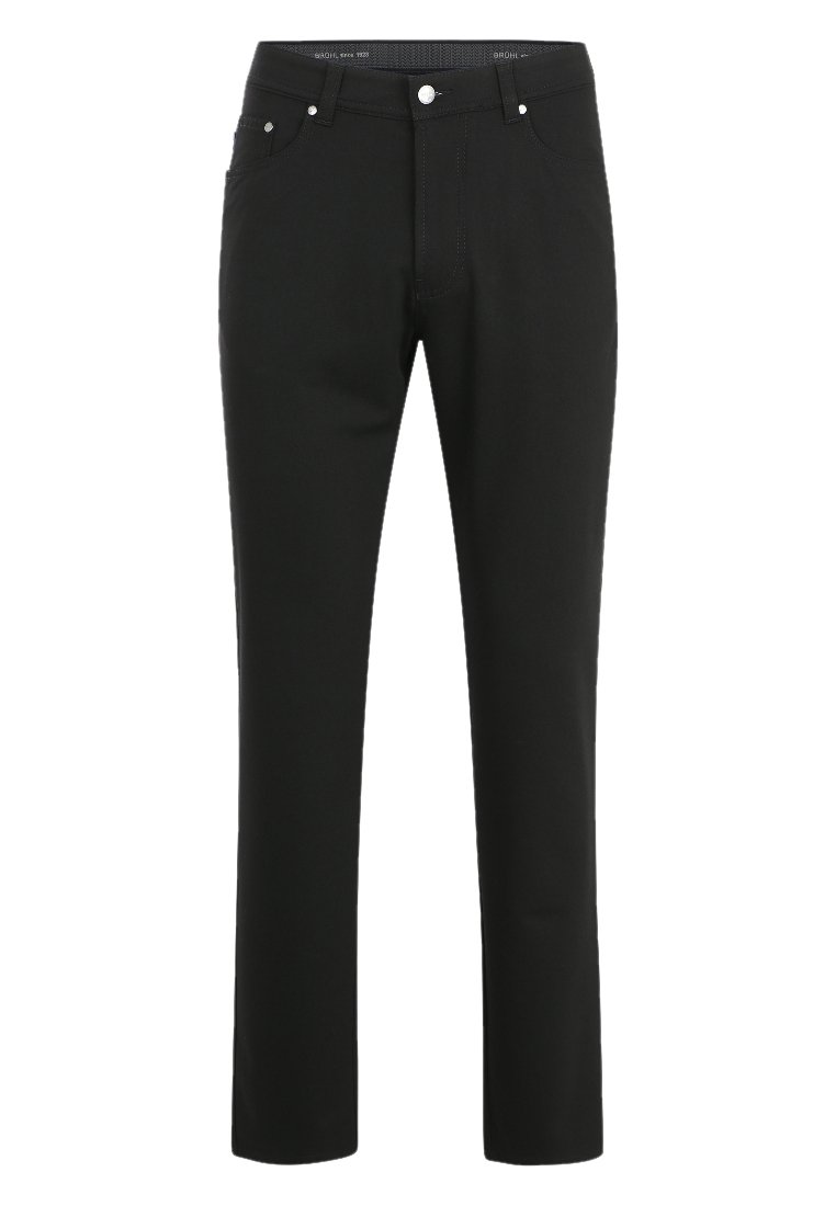 Czarne spodnie wykonane z gładkiego materiału, z prostym krojem nogawek, pięcioma kieszeniami oraz metalowymi guzikami i detalami nitów.