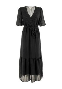 Vestido negro de estilo envolvente con mangas cortas y abullonadas, cinturilla con lazo, rayas verticales y un dobladillo en capas, hecho de una tela ligera y texturizada.