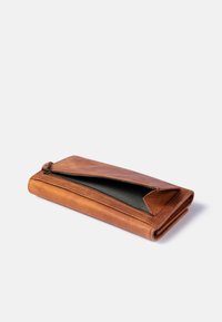Brown leather wallet with a zip closure, rectangular shape, smooth texture, and a contrasting dark interior lining.