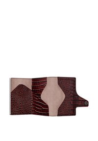 Brown leather wallet featuring a textured crocodile pattern and smooth beige accents, with a unique split design and snap closure.