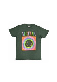 Green cotton t-shirt featuring "NIRVANA" text above a colorful tie-dye pattern with a smiley face design in the center.