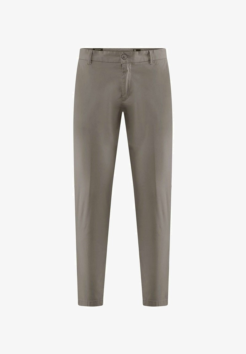 Slim-fit broek van lichtgrijze stof met een gladde textuur, voorzien van een knoopsluiting, riemlussen en rechte pijpen.