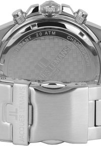 Fondo de reloj de acero inoxidable con superficie texturizada, marcado "20 ATM" y "Cronógrafo." Cuenta con un cierre seguro con el logo de la marca grabado.