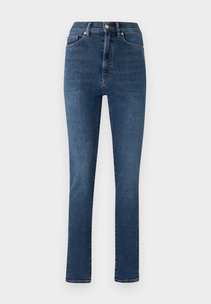 Blue denim jeans with a straight-leg cut, high waist, and classic five-pocket design. Features a button and zipper closure.