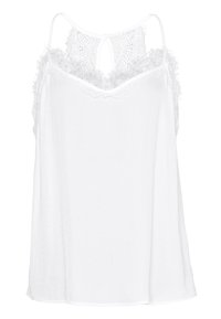 Vitt linne med tunna axelband, med en spetsdetalj vid halsringningen och ryggen. Lättviktsmaterial, avslappnad passform och en V-formad skärning.
