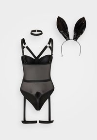 Zwart lingerie set bestaande uit een doorschijnende body met verstelbare bandjes, een ingebouwde choker en glanzende konijnenoren. Opvallende pom-pom detail aan de voorkant.