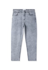 Jeans in denim grigio chiaro con design a gamba dritta, cinque tasche e chiusura a bottone. Presentano una finitura sbiadita e hardware minimale.