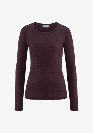 Langärmliges, dunkelviolettes ribbed Strickoberteil mit rundem Halsausschnitt und taillierter Passform, auf einem schlichten weißen Hintergrund präsentiert.