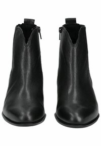 Bottines en cuir noir avec un design à bout pointu, dotées d'une fermeture éclair de chaque côté et d'une finition lisse et texturée.