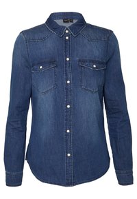 Camicia di jeans in blu scuro, con chiusura frontale a bottoni, colletto classico, due tasche sul petto con patta e maniche lunghe con polsini abbottonati.