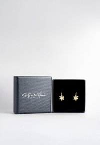 Orecchini a forma di fiore in oro con una pietra centrale, presentati in una scatola foderata in velluto nero. La scatola ha un'esterno in argento testurizzato.