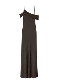 Maxikleid aus dunkelbraunem Stoff, mit einem Schultergurt, gerafftem Dekolleté und einer eleganten, fließenden Silhouette. Glatte Textur und minimalistisches Design.