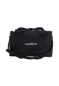 Black duffel bag made of durable fabric, featuring two handles and an adjustable shoulder strap. Displays "GOODYEAR" logo in white.