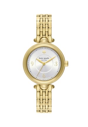 Gold-tone wristwatch with a round case, silver metallic dial, minimalist hour markers, and a woven link bracelet design.