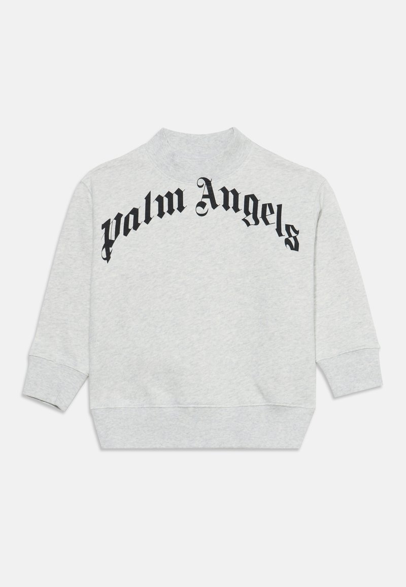Ανοιχτό γκρι φούτερ με μακριά μανίκια και "palm Angels" σε μαύρη γοτθική γραμματοσειρά καμπυλωτή στο στήθος.