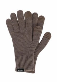 Gants en tricot marron avec une texture côtelée et un design à cinq doigts. Étiquette de marque "CHASIN." visible sur le poignet.