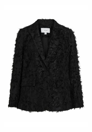 Svart blazer med texturerat, fransigt tyg. Har spetsig krage, öppen front och två framfickor. Figursydd silhuett och fodrad insida.