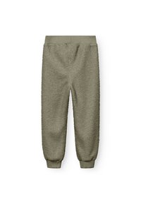 Fleece joggingbroek in olijfgroen met taps toelopende boorden en een elastische tailleband. Gelaagd, zacht materiaal met een pluizige afwerking.